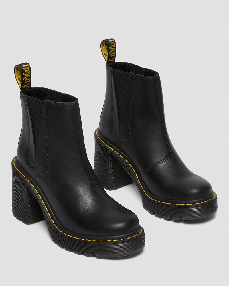 Black Women's Dr Martens Spence Leather Flared Heel Ankle Boots | CA 69CTV